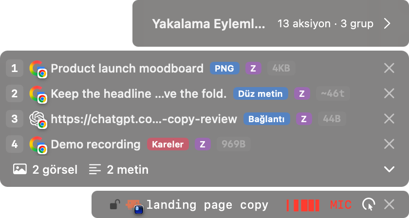 Click to zoom The optionOS capture menu, the copied items stacked in order and the recording pill, all over the browser you were talking about