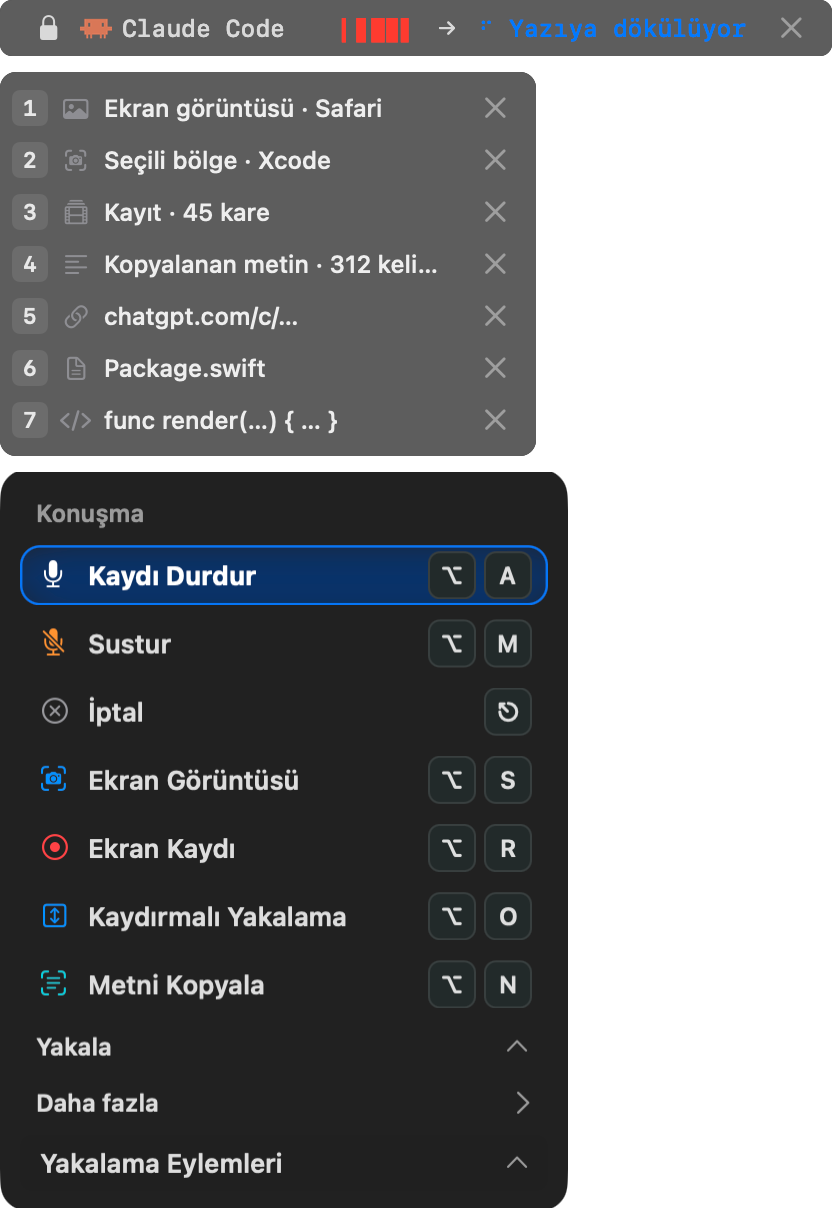 The optionOS capture cluster while dictating: the live pill, seven copied items numbered in the order they were copied, and the capture actions