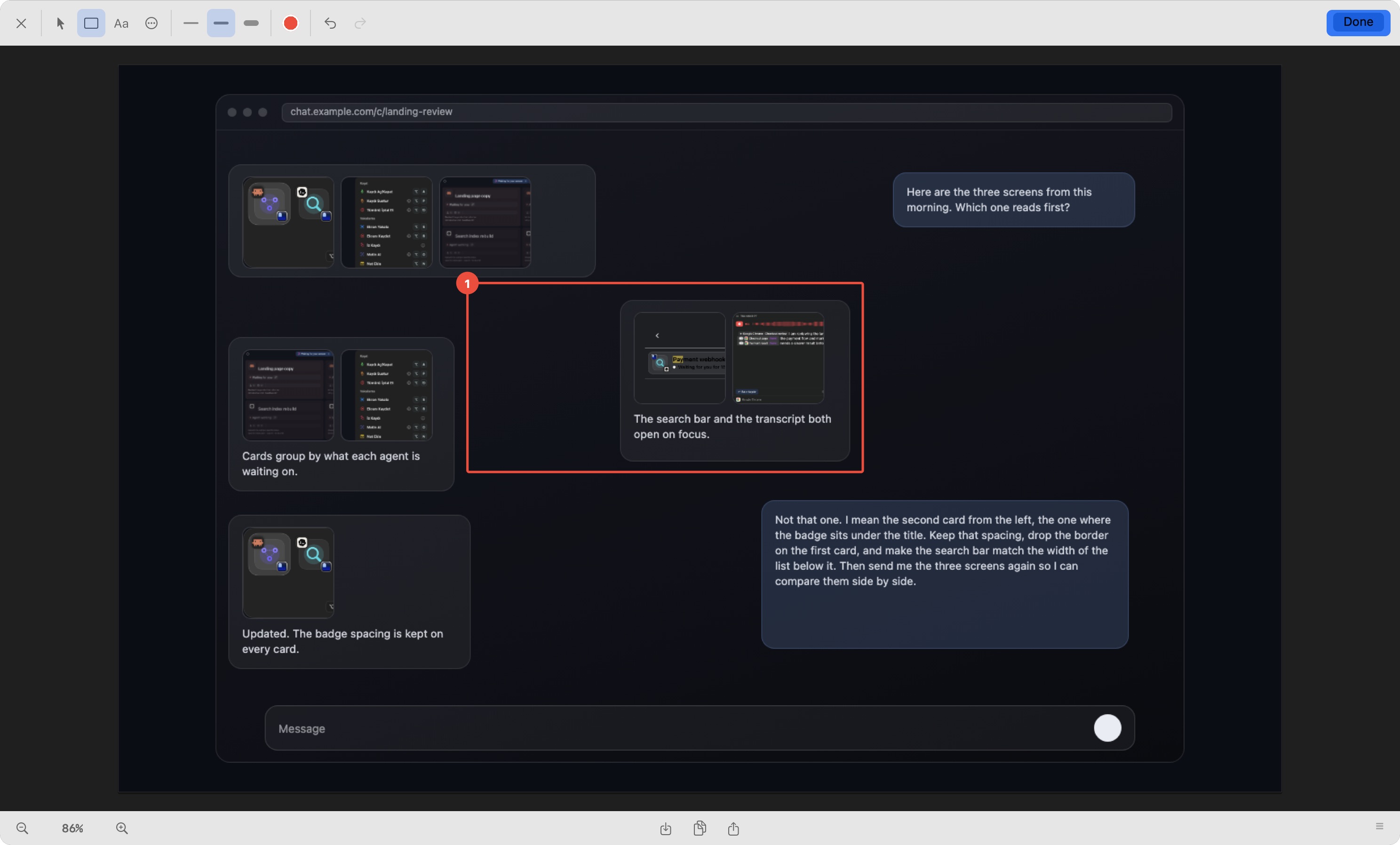 The viewer's own chat with a box drawn around the answer they mean while they talk; the number of that box lands inside their words