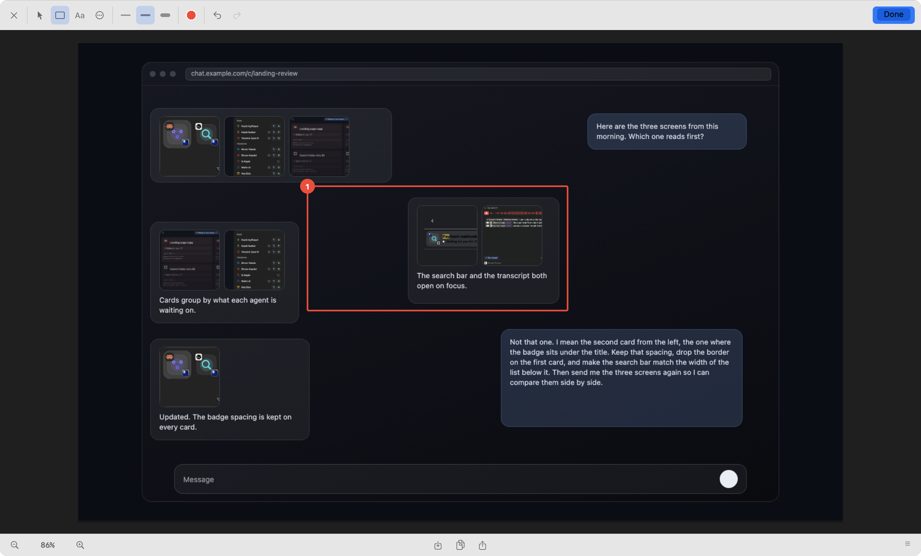 The viewer's own chat with a box drawn around the answer they mean while they talk; the number of that box lands inside their words
