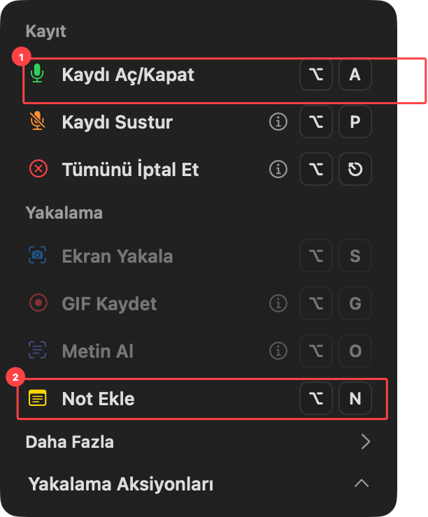 optionOS capture actions menu with the Record On or Off and Add Note rows marked