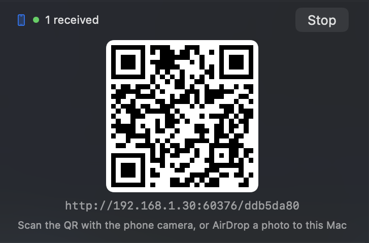 Scan the QR with a source device — photos land on your Mac