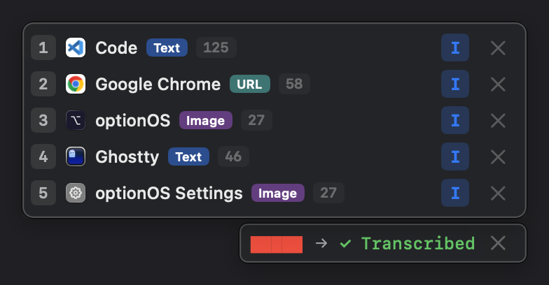 optionOS HUD — recording pipeline and copied items