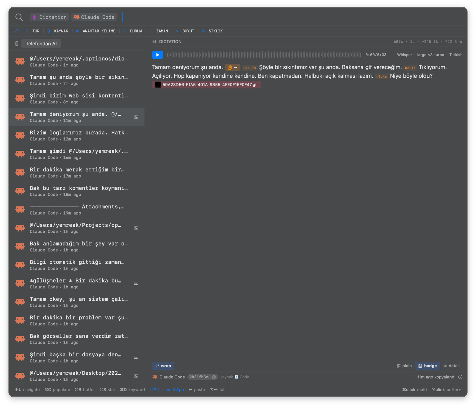 Clipboard browser — dark theme
