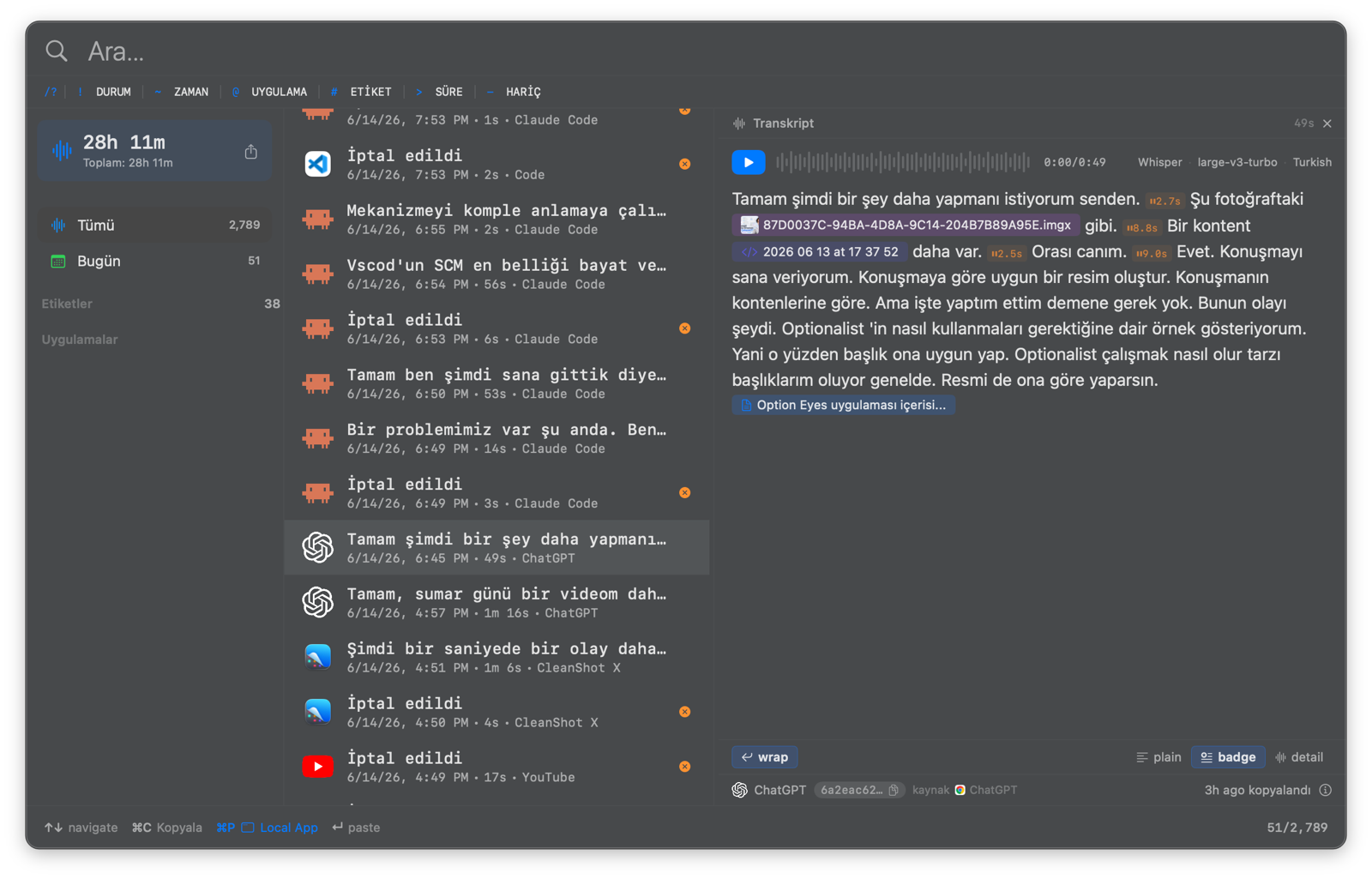 Dictation browser — dark theme