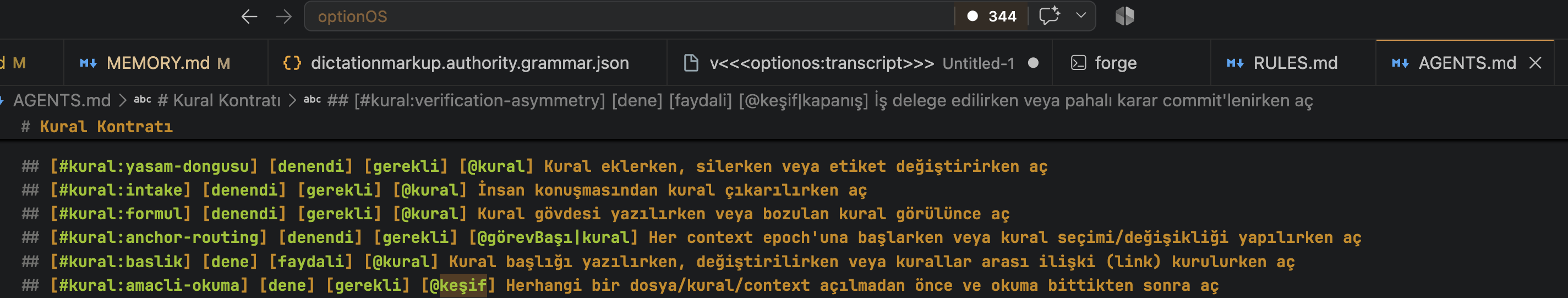 AGENTS.md içindeki compact rule routing projection’ı