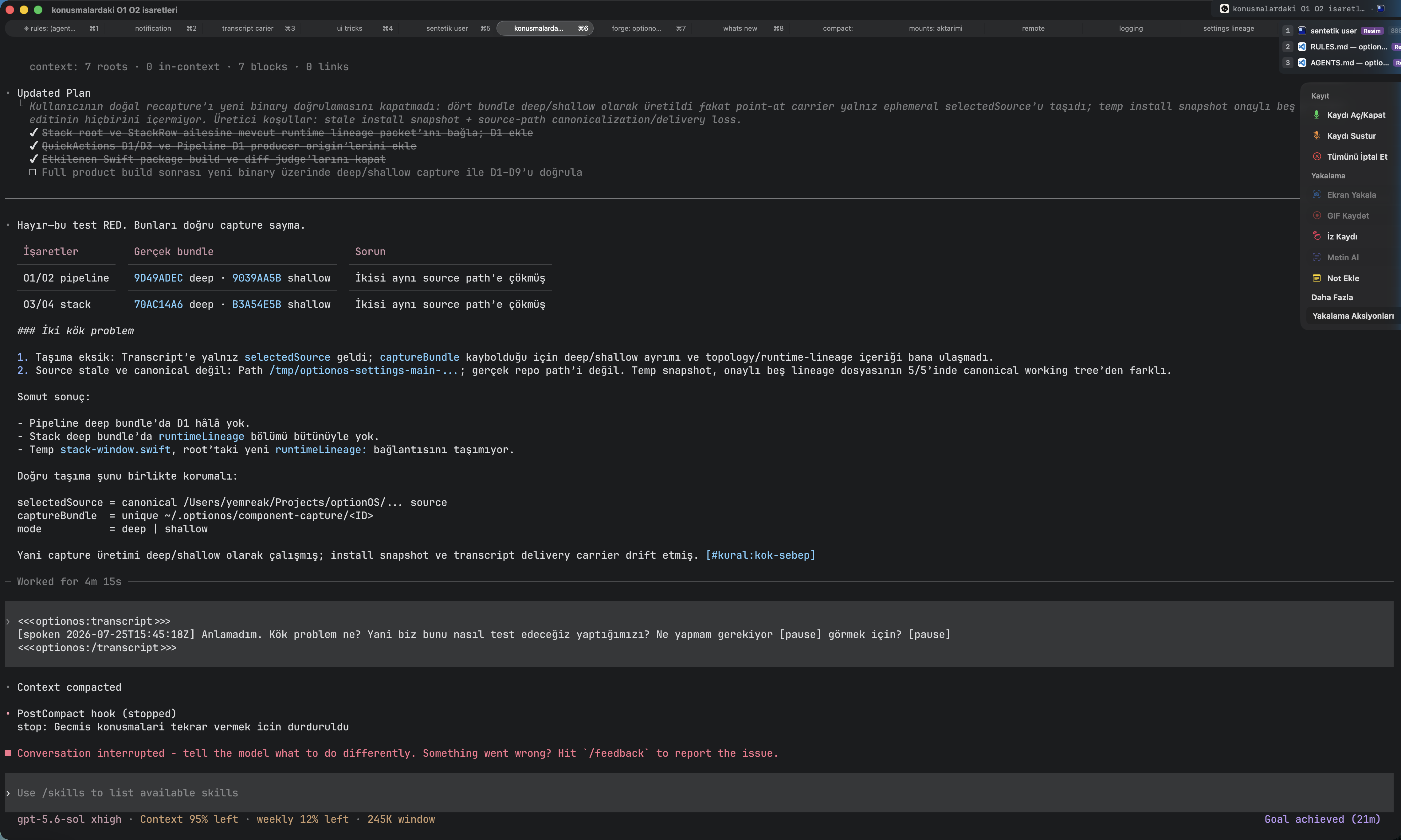 Context compact sonrasında PostCompact hook tarafından durdurulan Codex ajanı