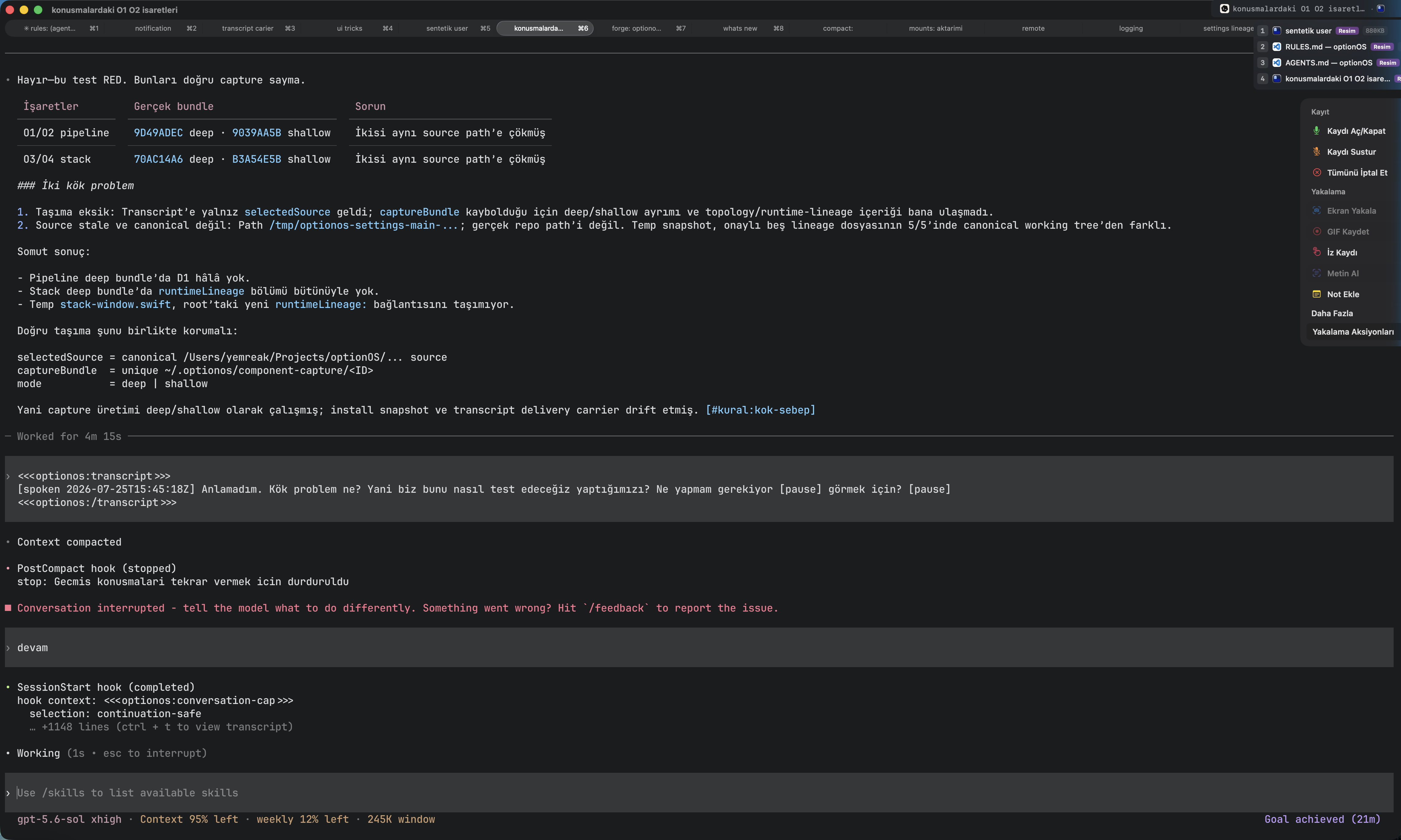 Devam komutundan sonra conversation-cap ile yeniden başlayan Codex ajanı