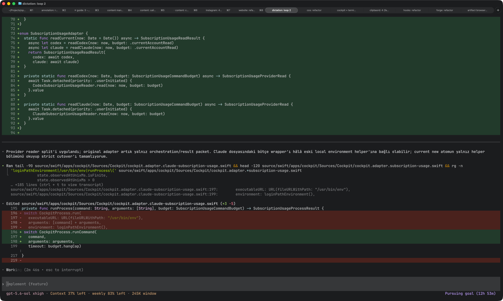 The dictation agent's code diff near hour 13