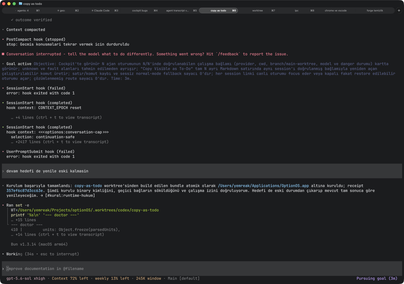 A Codex agent stopped after compaction and resuming from its active goal