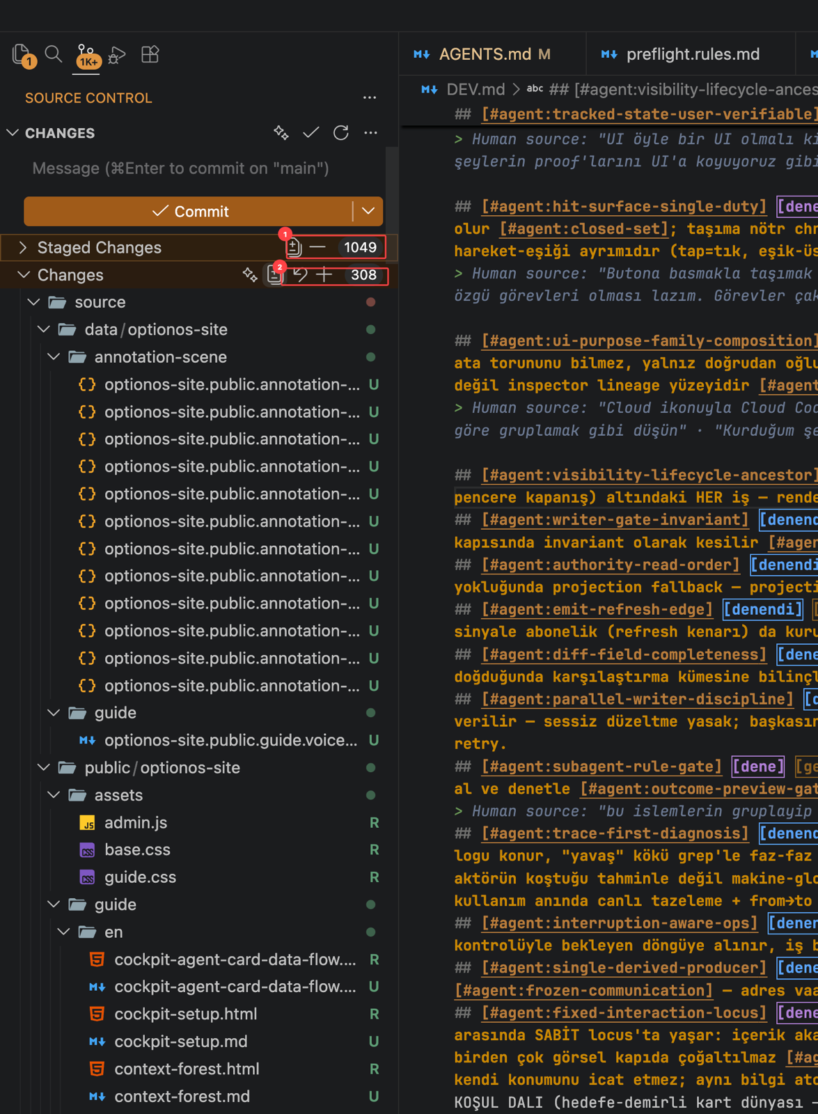 Source Control panel with 1049 staged and 308 changed files
