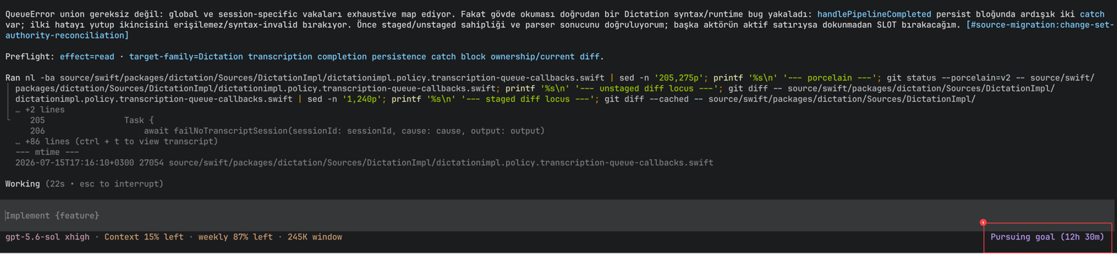 Terminal view of the dictation agent pursuing its goal for 12 hours