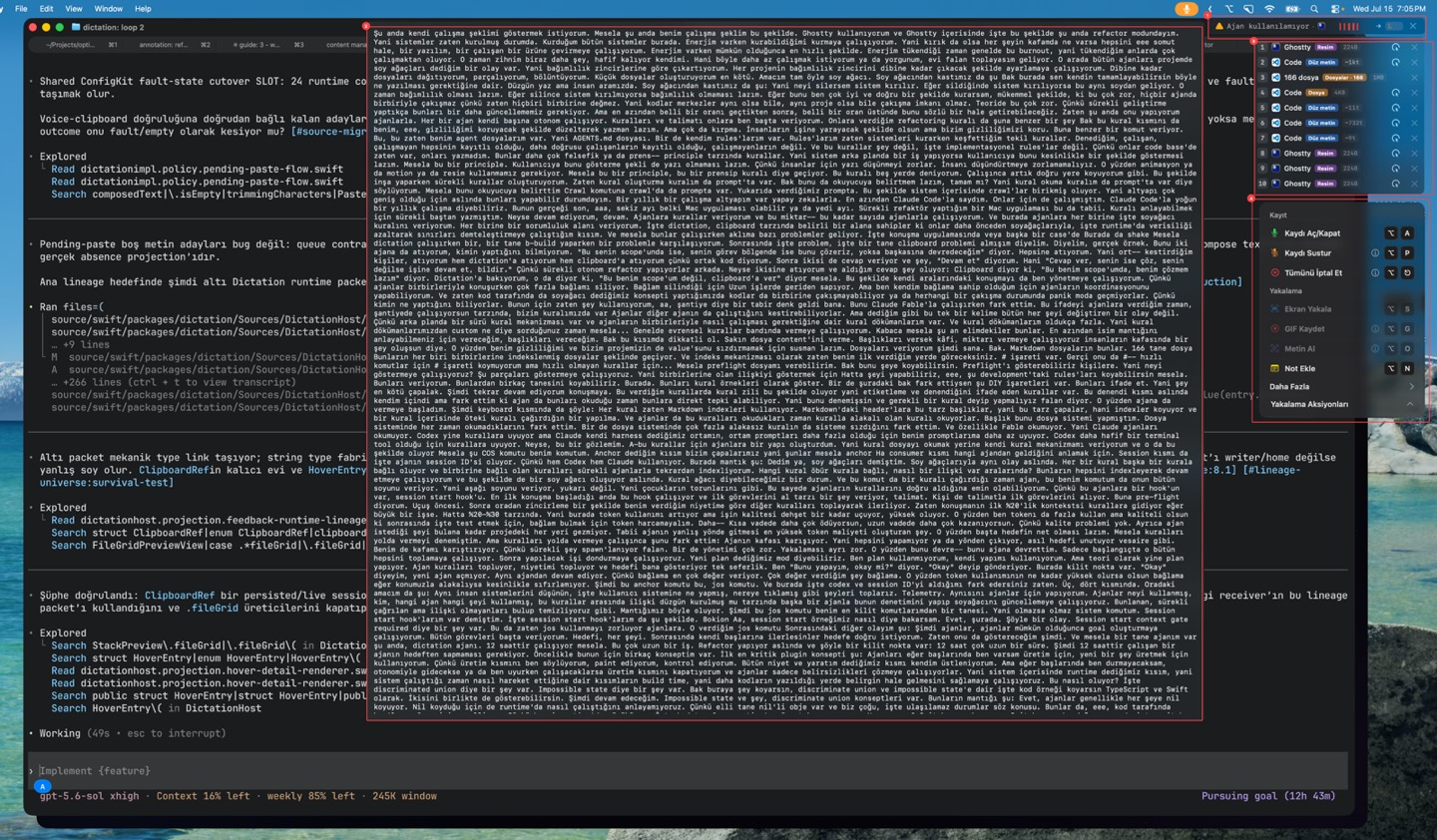 The talk-to-produce layout: transcript, captured items and shortcuts
