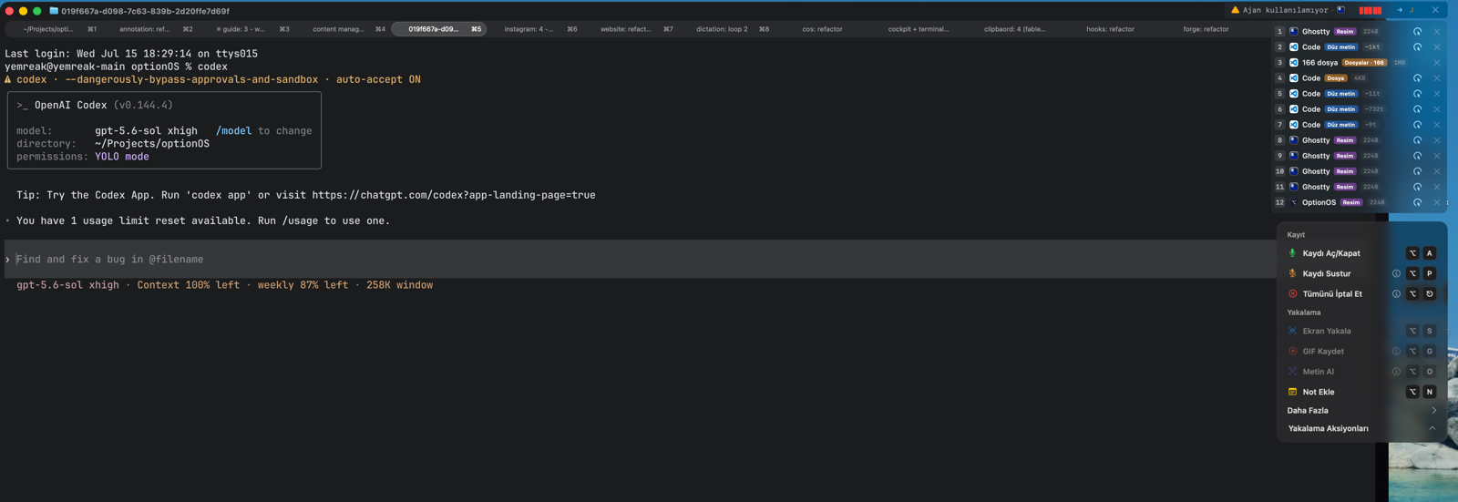 Fresh agent terminal with other running agents on the right