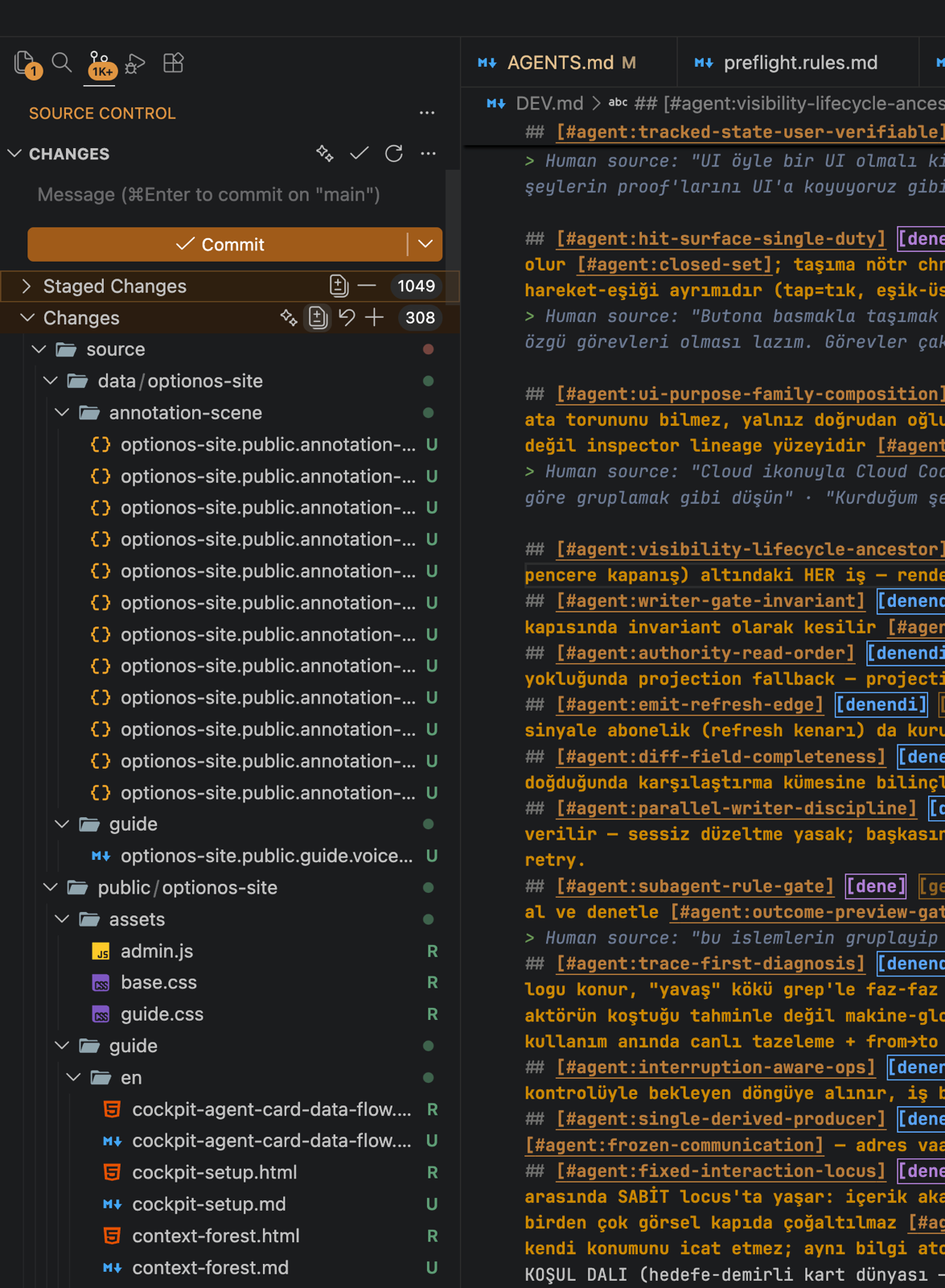 Source Control panel showing 1049 Staged Changes and 308 Changes