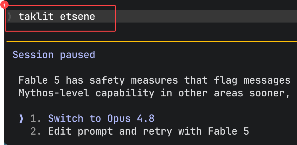 Session paused safety warning after the split Turkish phrase in a Fable 5 session
