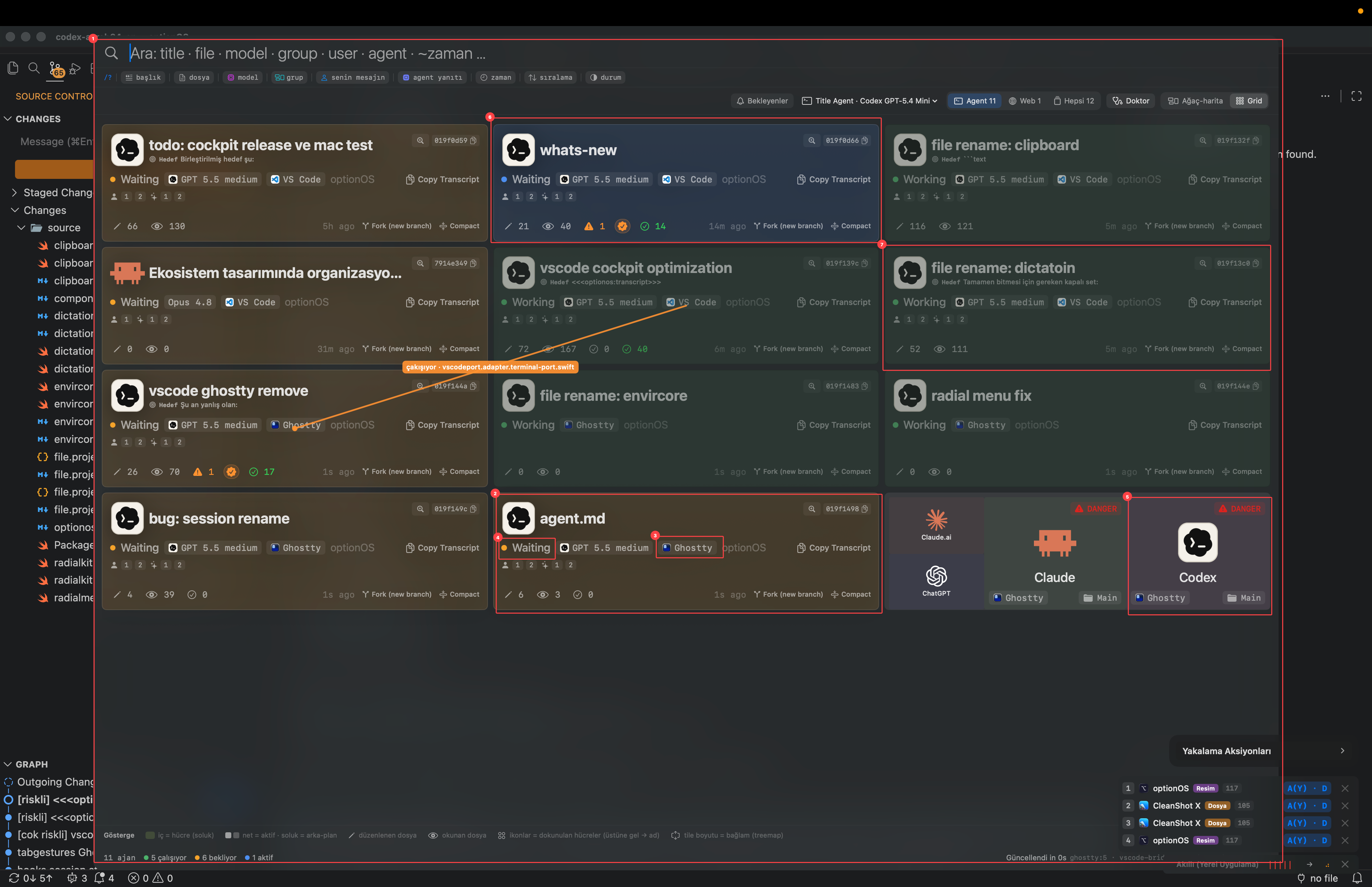 Cockpit uygulamasında ajan kartları, bekleme durumu ve özel agent kartları