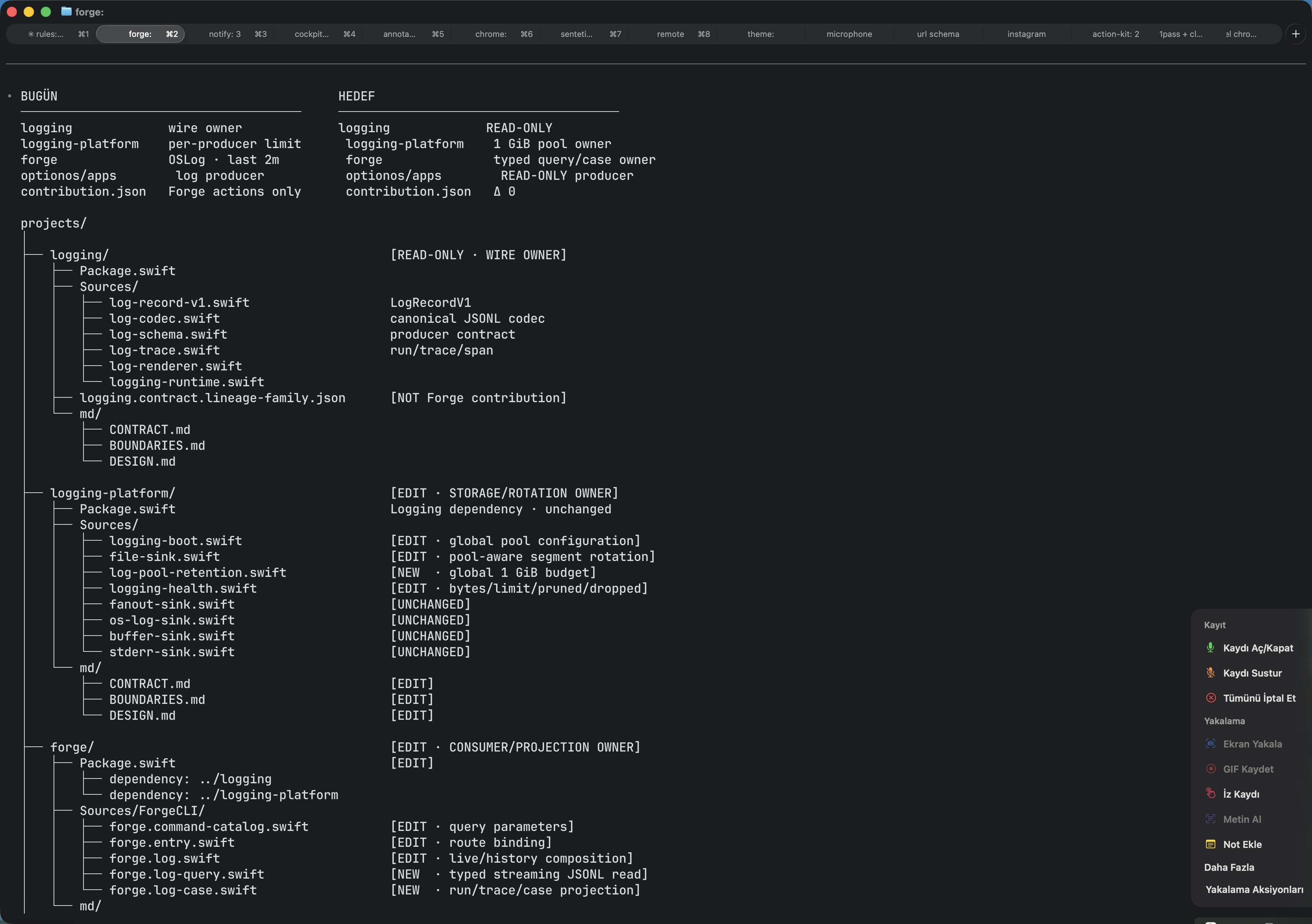 A seven-scene workflow from the Forge report through the Rules review, Cockpit delivery, and COS context continuation