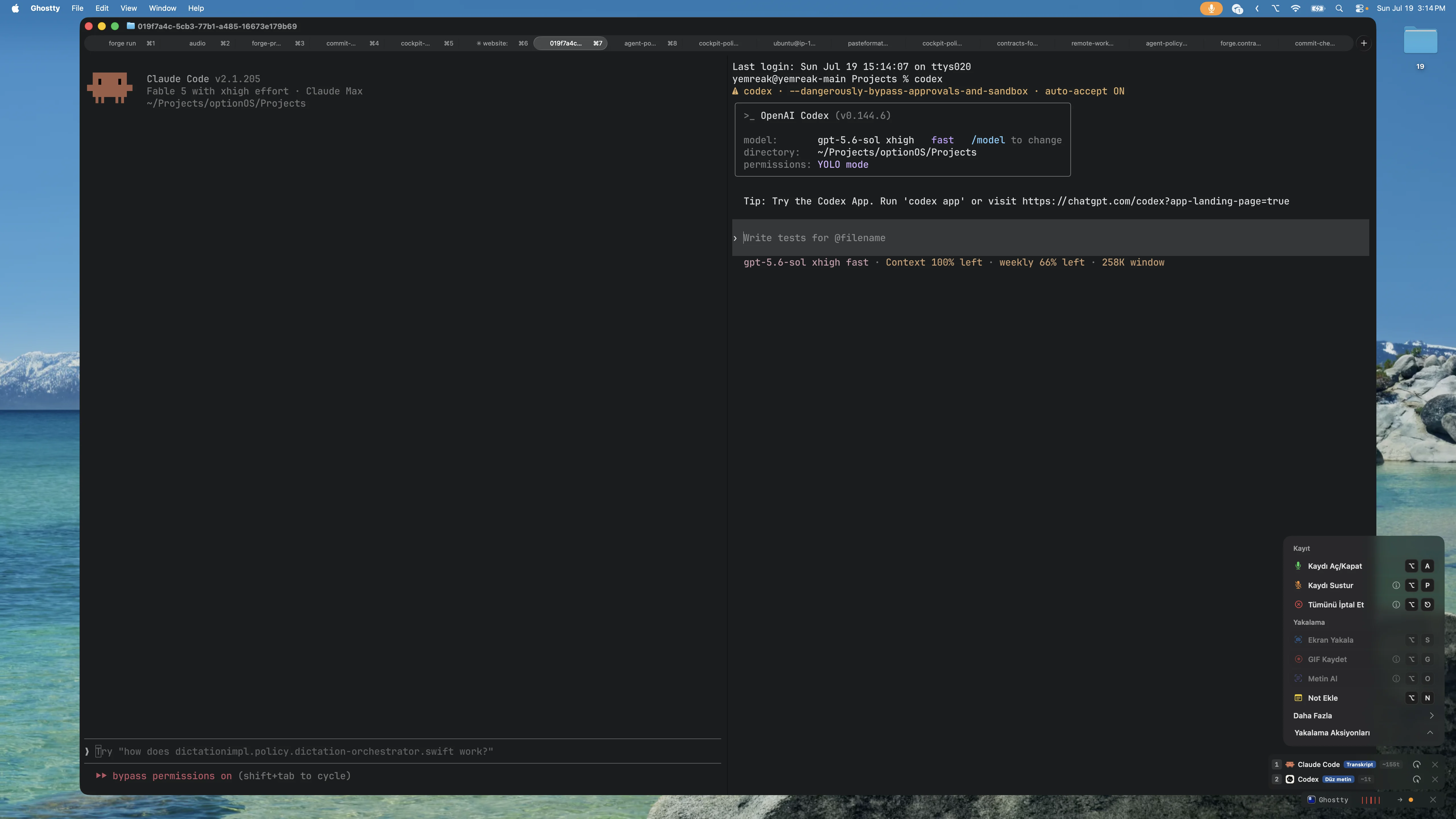 Desktop with terminals, the capture menu, the speech watch bar and paste targets
