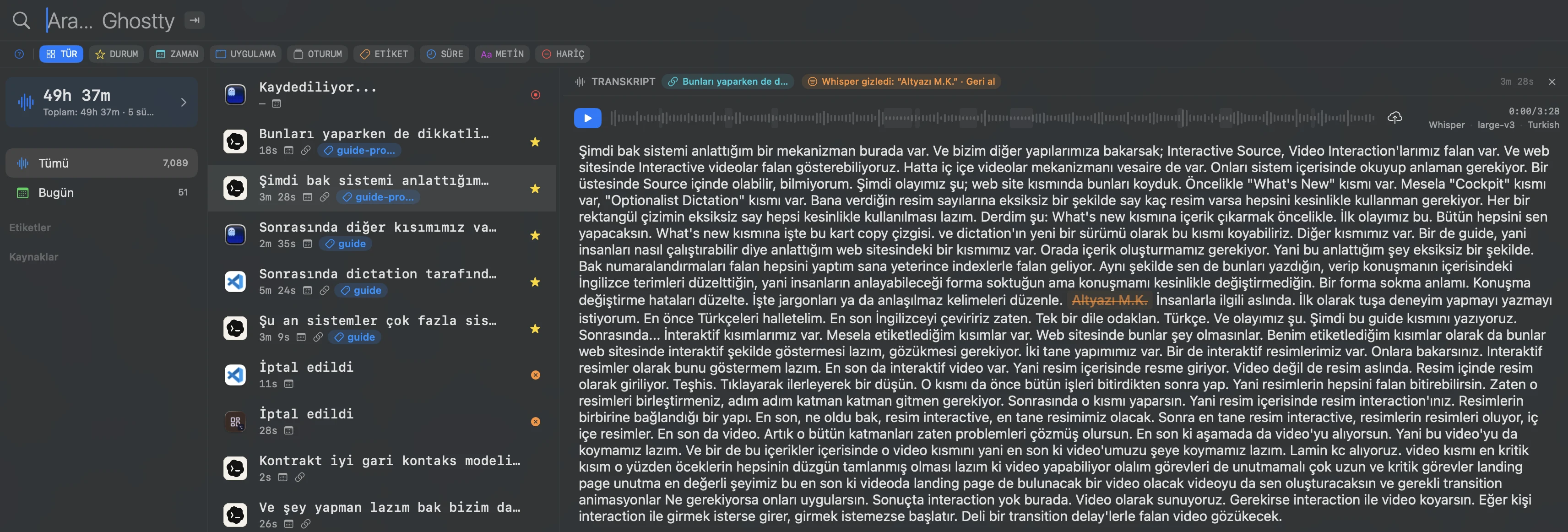 Guide-tagged conversations in the Dictation panel with the production prompt placed on top