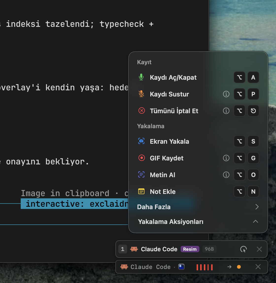 optionOS capture menu with screen, GIF, text and note actions