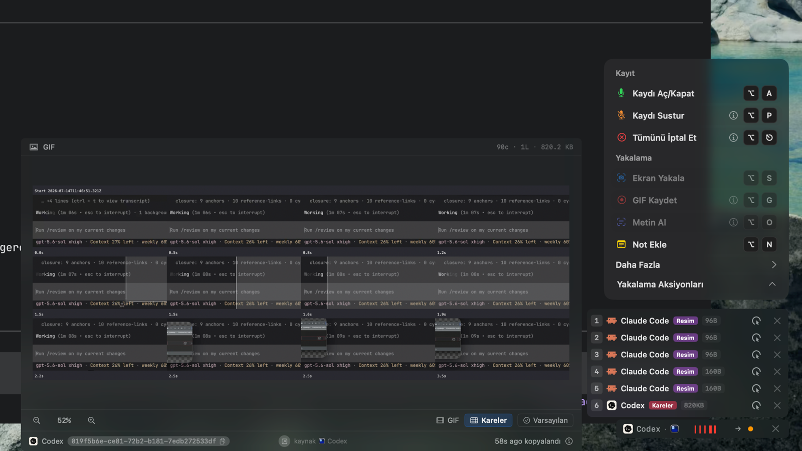 Changed-region frames of the screen recording in the panel