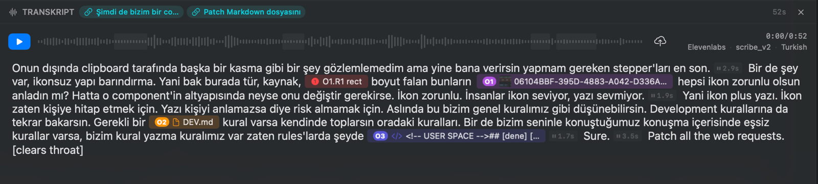 An optionOS transcript with inline visual, file and marked-area references