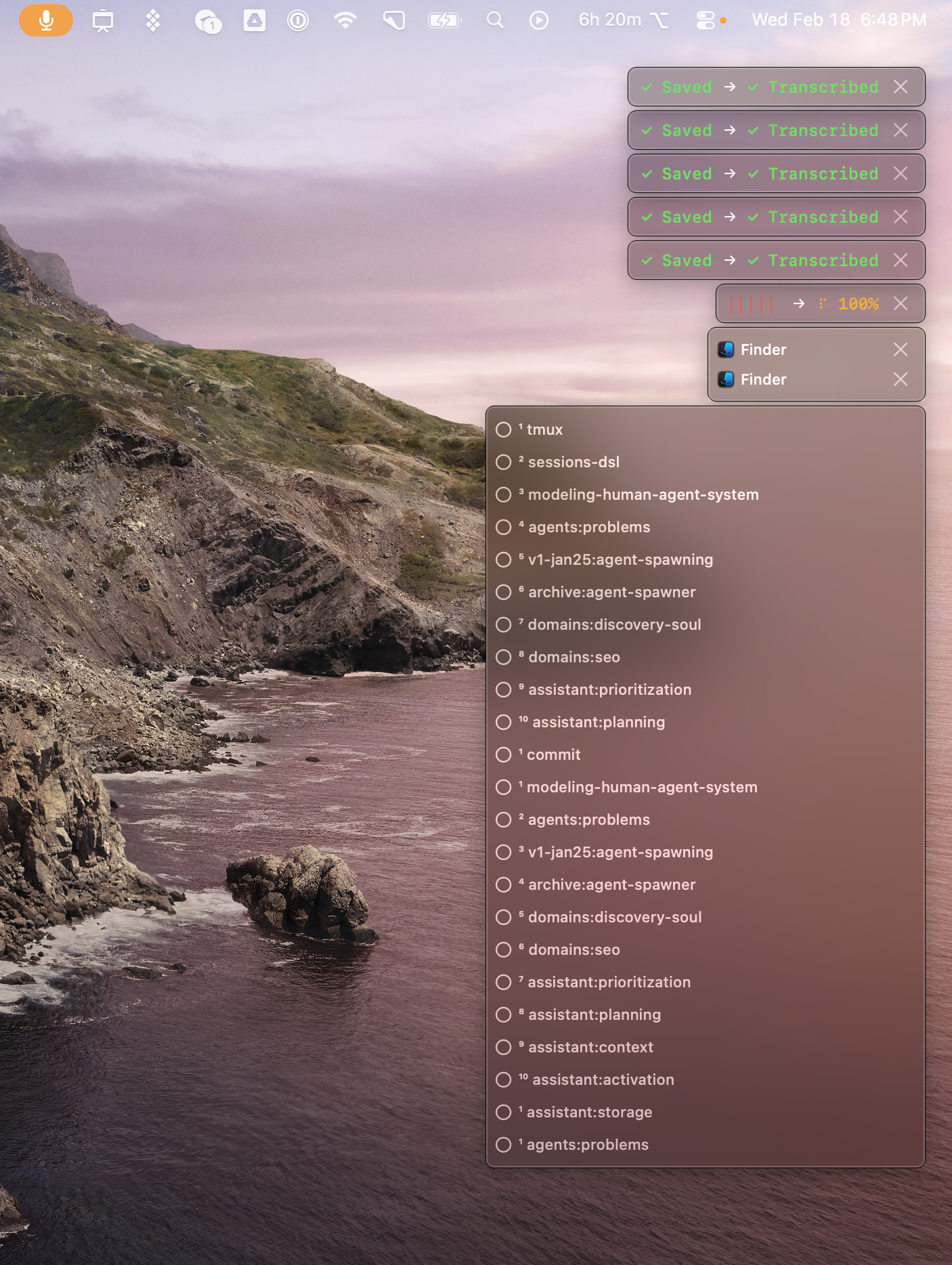 5 recordings all Saved → Transcribed, 23 skills loaded in HUD