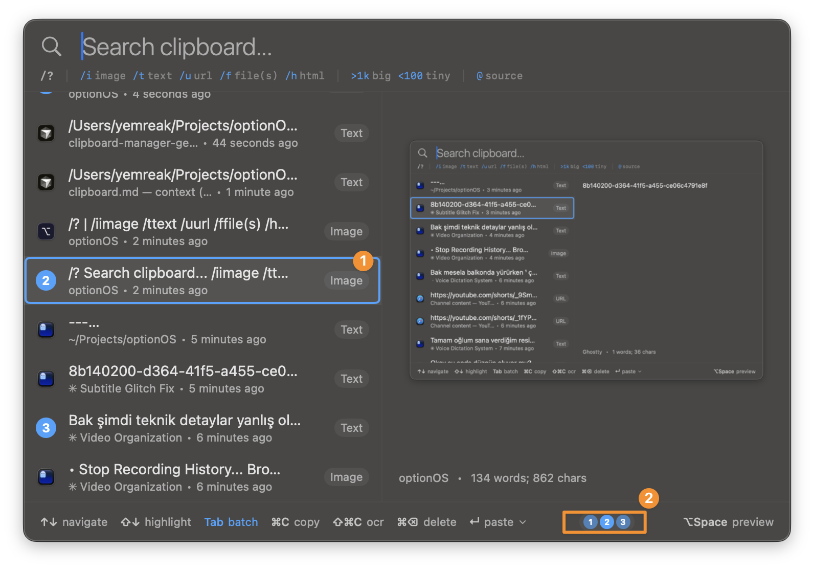 Selected items numbered — paste in order 1, 2, 3