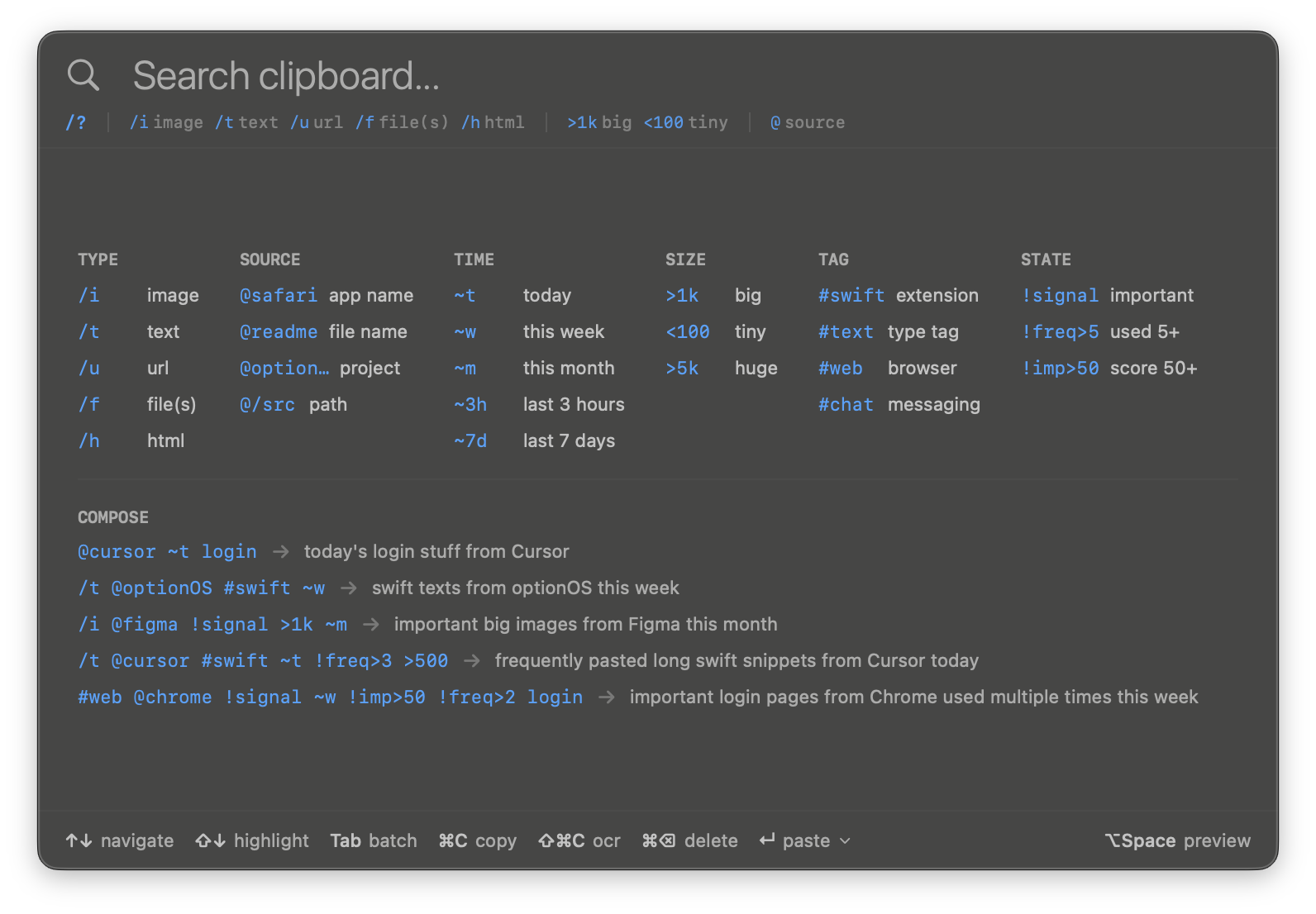 DSL search: filter by app, type, time — find any copy instantly