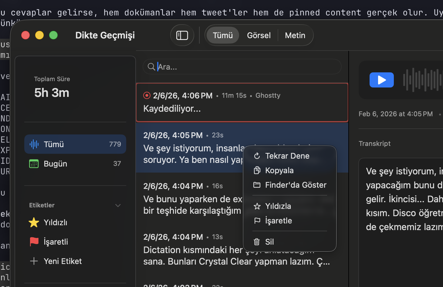 Right-click — Retry, Copy, Show in Finder, Star, Mark, Delete