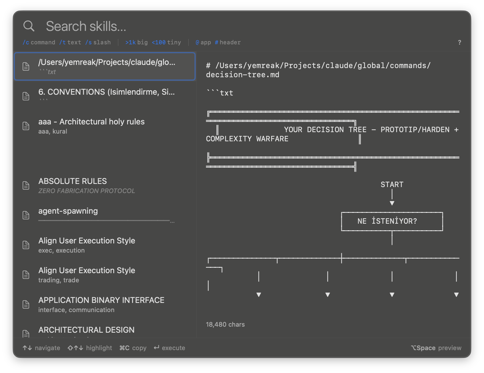 Skills search — document list, see content with preview, filter by keywords