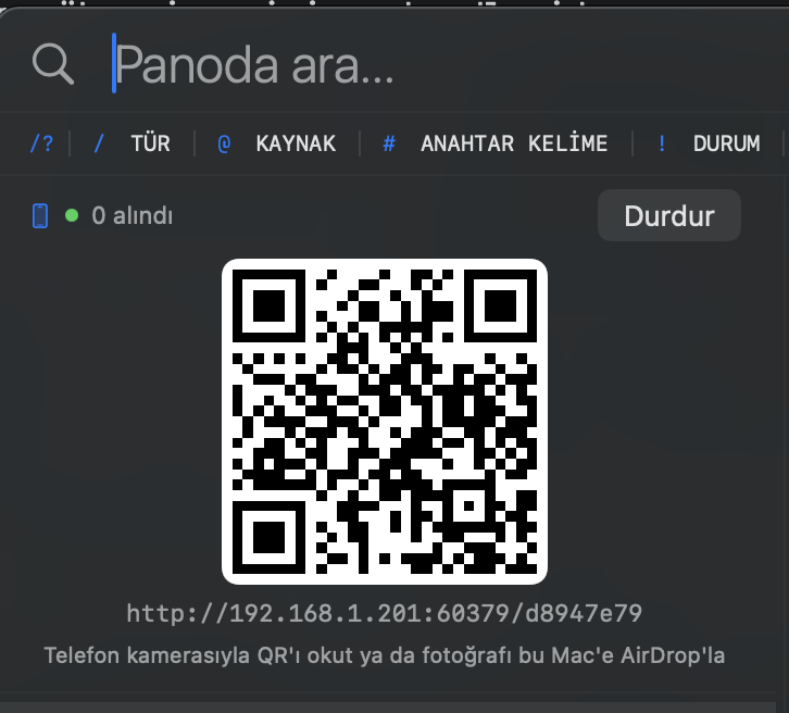 Device drop — scan the QR with your phone and photos land on the board