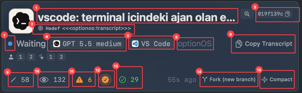 Cockpit Mac kartında ajan oturumunun başlık, hedef, session, model, host, durum, dosya ve aksiyon veri noktaları