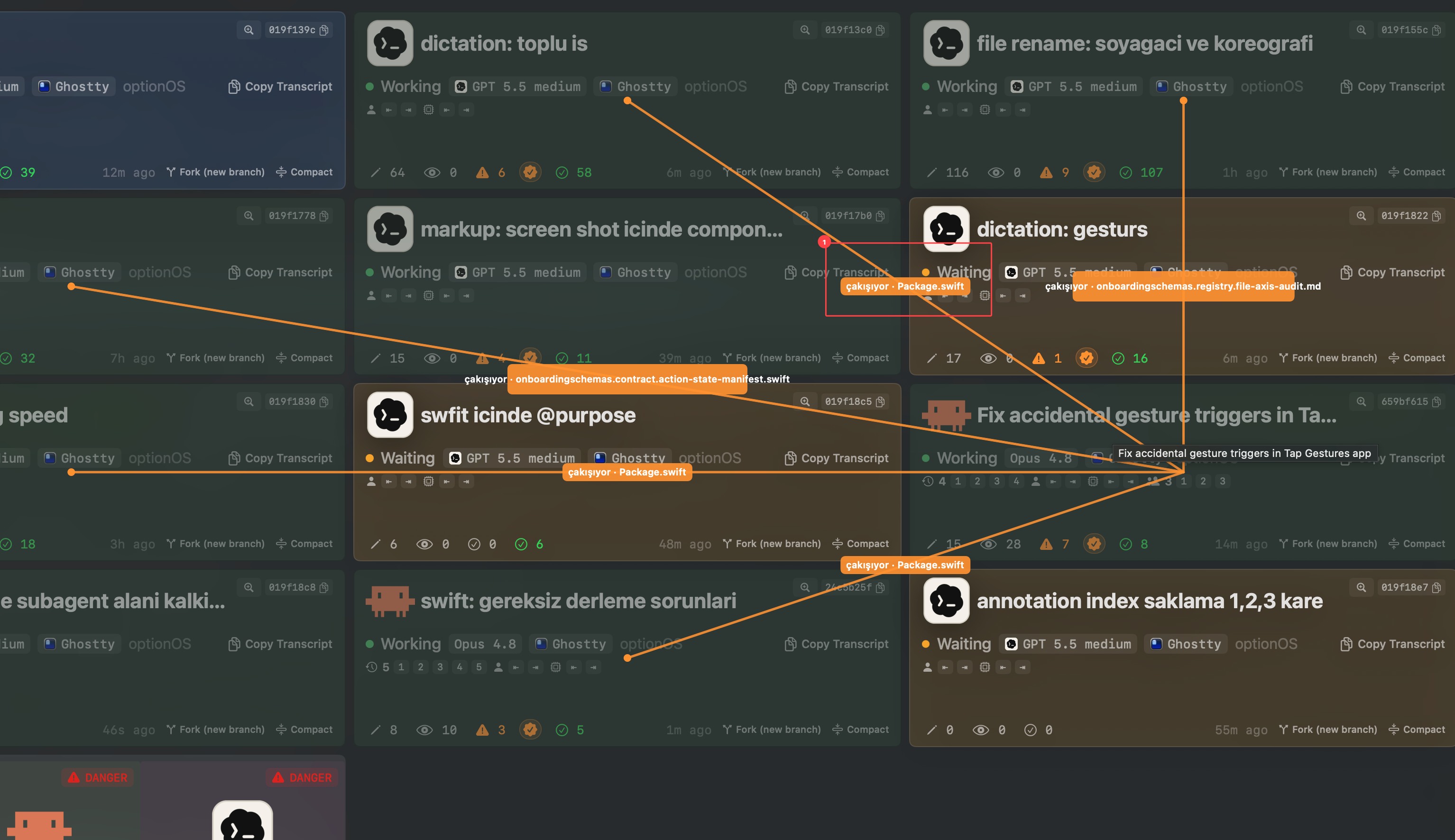Cockpit conflict radar — orange lines connect agents touching the same file