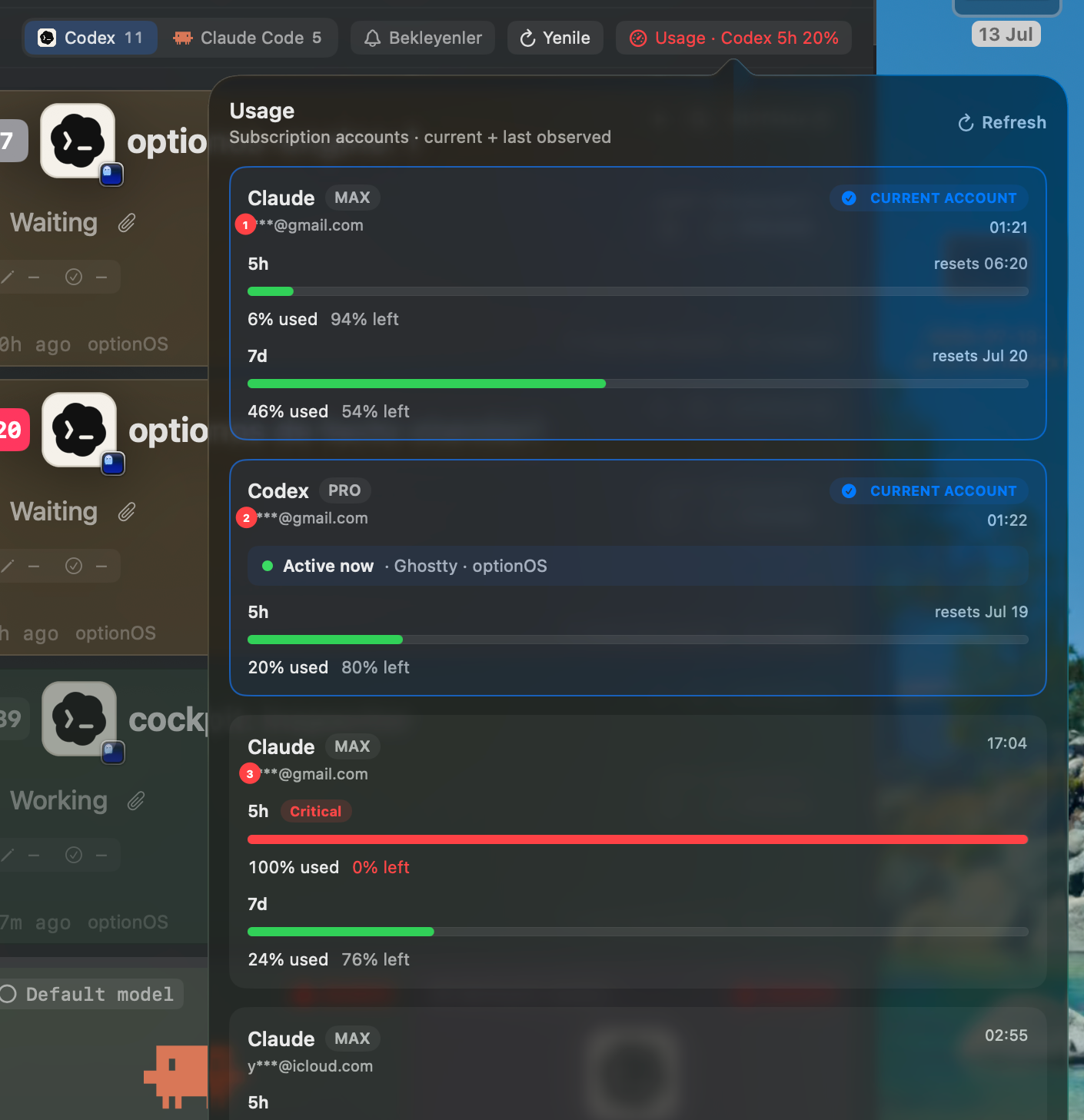 The Cockpit Usage panel showing 5h and 7d usage for active Claude and Codex accounts plus a previously observed Claude account