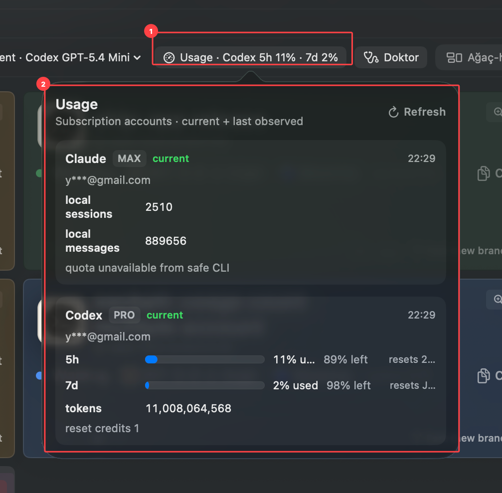 The Mac Cockpit toolbar Usage chip and the Usage panel showing Claude/Codex account limits