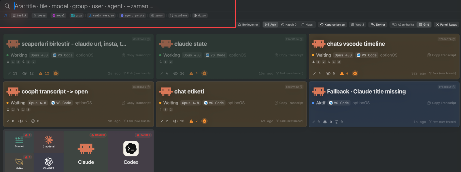 Cockpit agent grid with the search bar, live agent cards and provider tiles