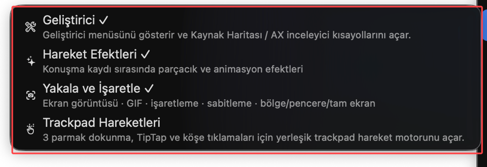 Özellikler menüsünde Geliştirici ve Trackpad Hareketleri
