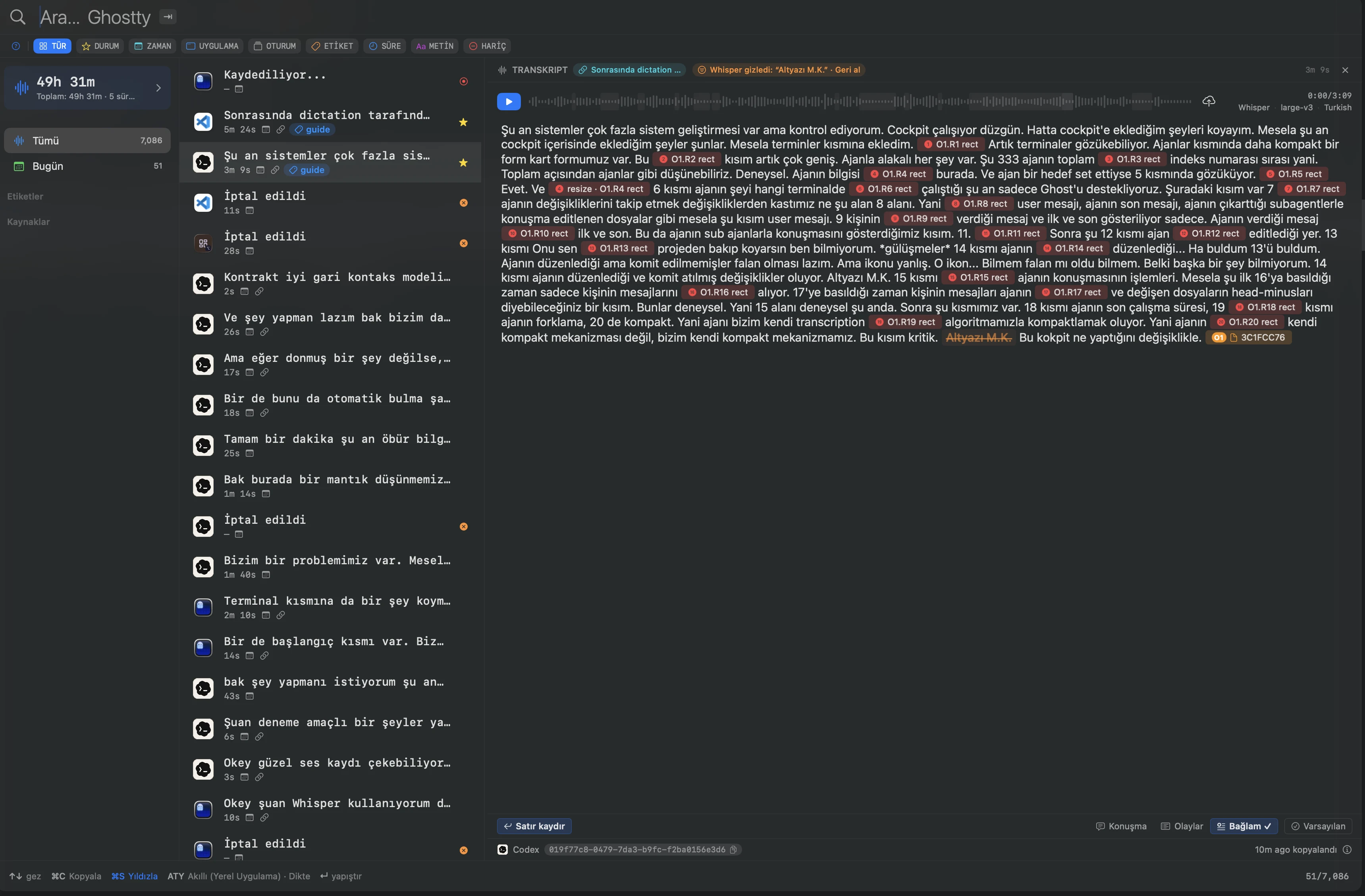 Dictation panel with the conversation list, tags, audio playback, search and suggestions marked