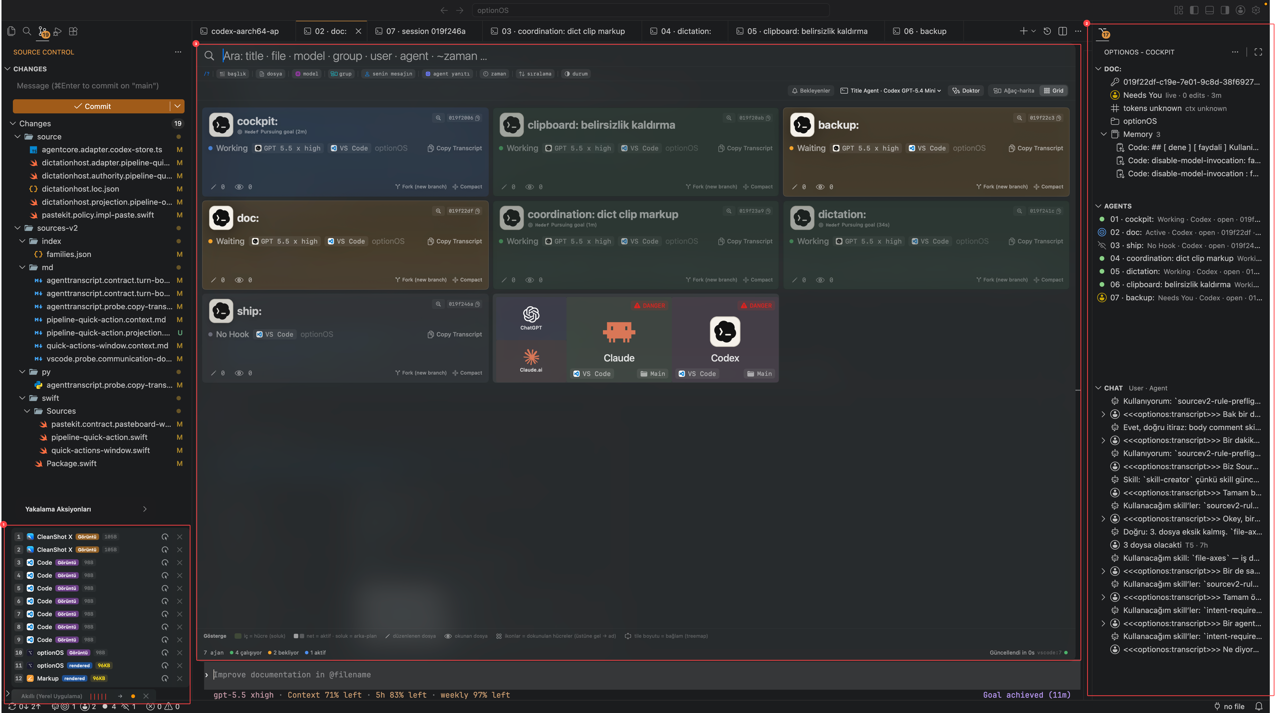 optionOS ekosisteminde Dictation yakalama listesi, Mac Cockpit agent grid'i ve VS Code Cockpit paneli aynı ekranda