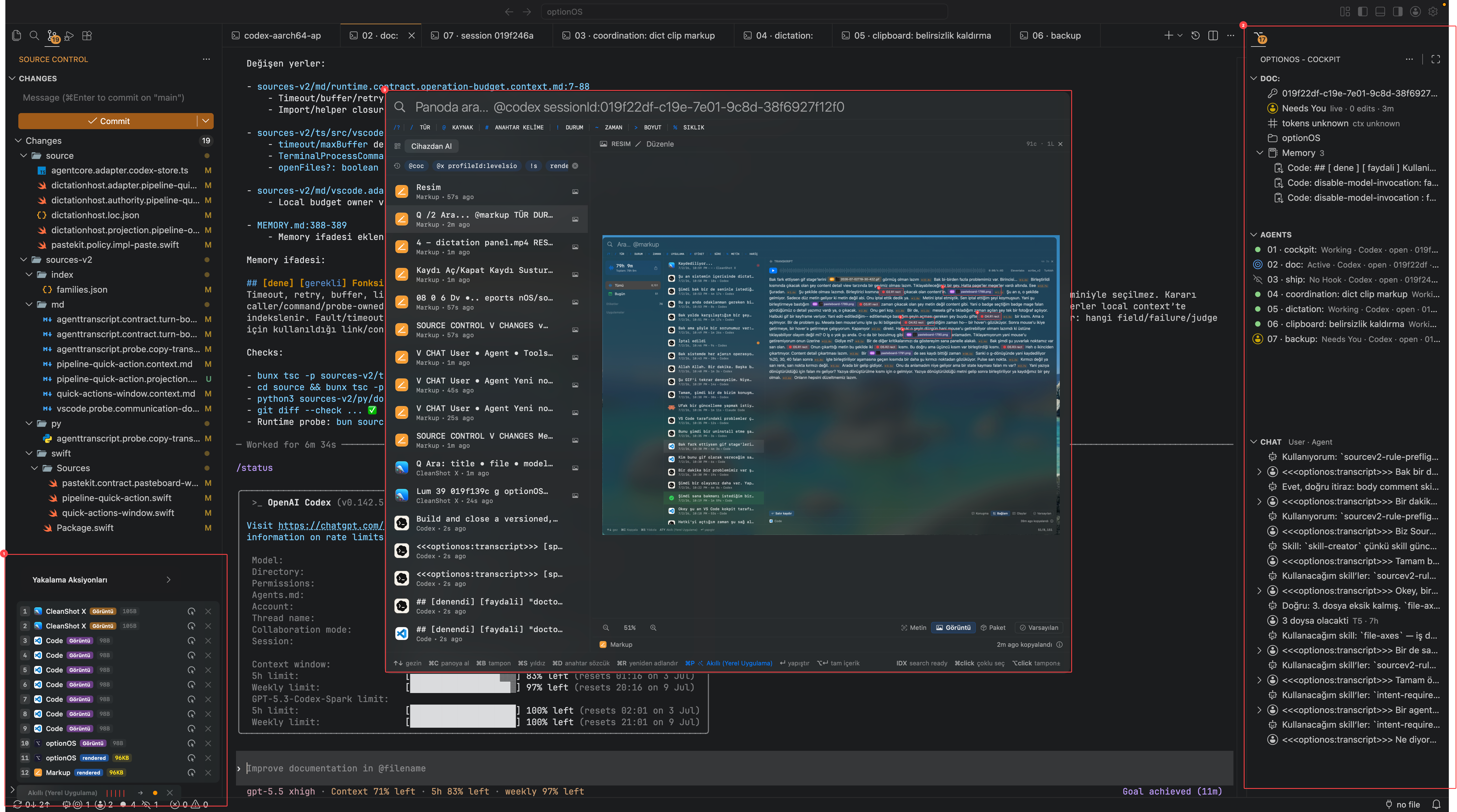 optionOS ekosisteminde Dictation yakalama aksiyonları, Clipboard/Pano penceresi ve VS Code Cockpit paneli aynı ekranda