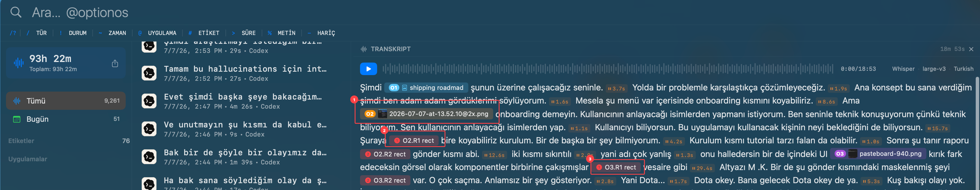 optionOS konuşma transkriptinde ekran görüntüsü, rect etiketleri ve görsel referansların senkron görünmesi
