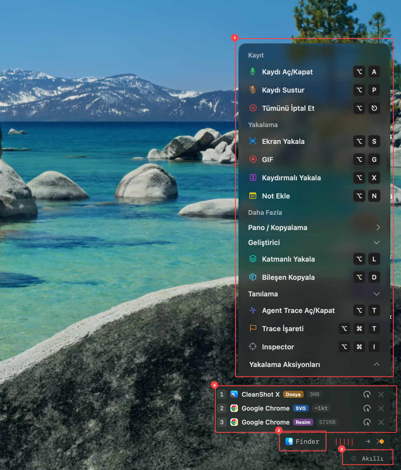 The optionOS capture actions menu, target app and captured content queue