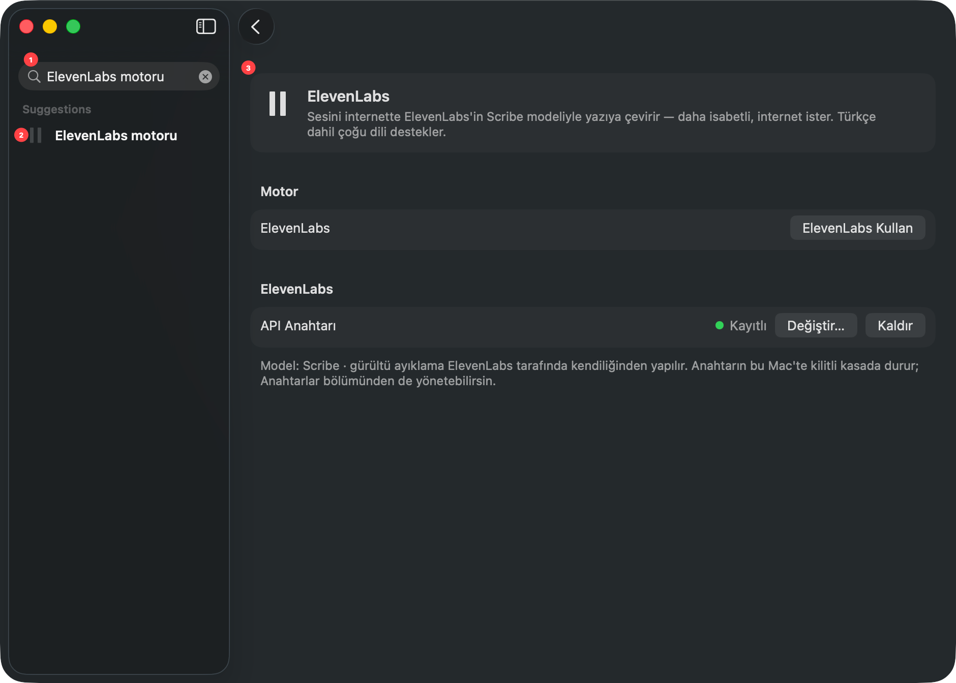 optionOS ayarlar aramasında ElevenLabs motoru araması, suggestion ve ayar detay paneli
