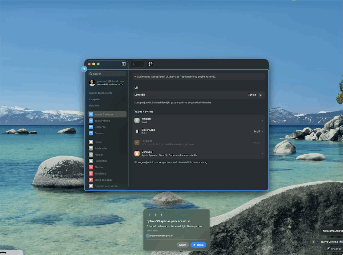 The optionOS Settings tour moving its explanation card between different Settings targets