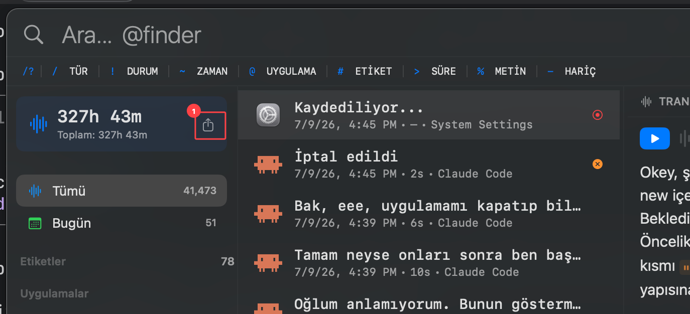 optionOS Dictation arşivinde toplam kullanım kartındaki paylaş butonu