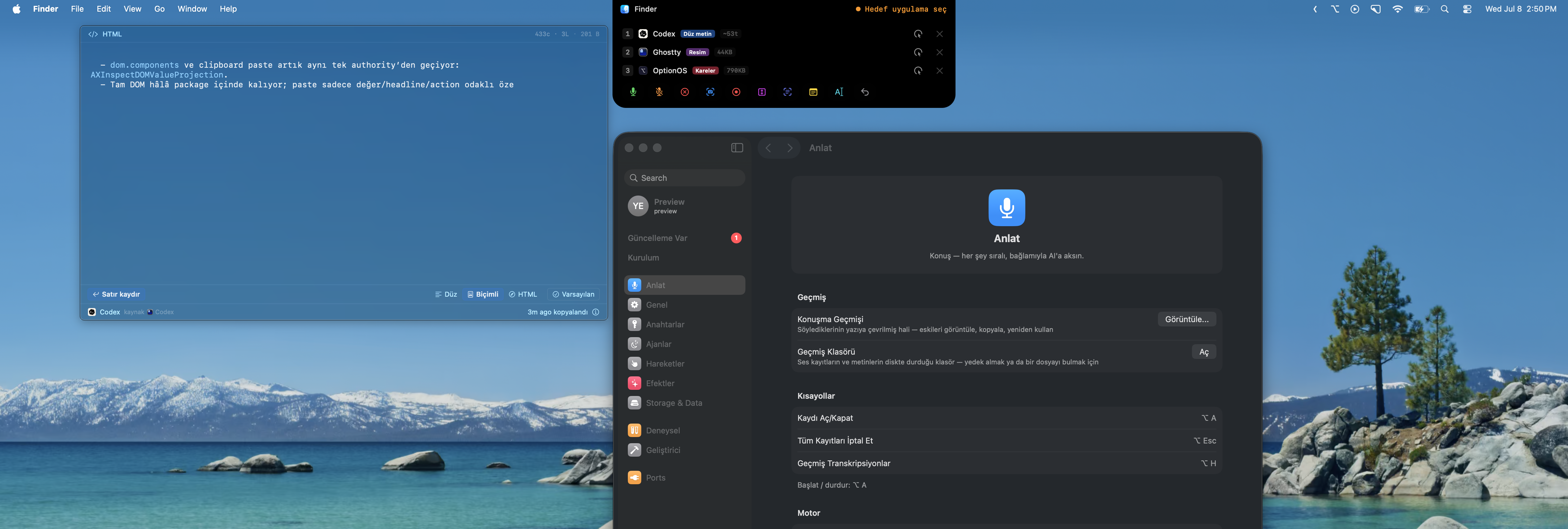 optionOS Settings panel, target app selector and capture queue on the same Mac screen