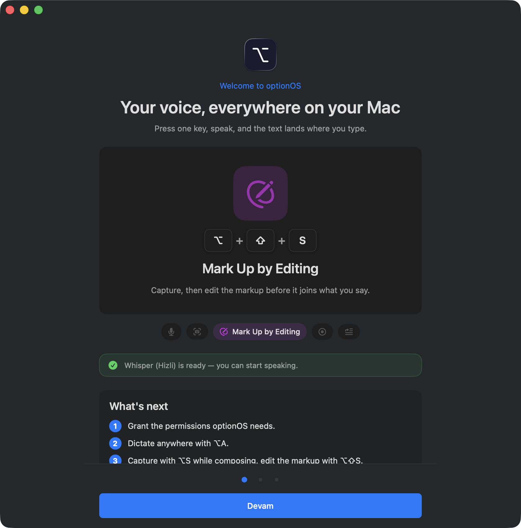 optionOS onboarding ekranında Mark Up by Editing kartı ve Option Shift S kısayolu