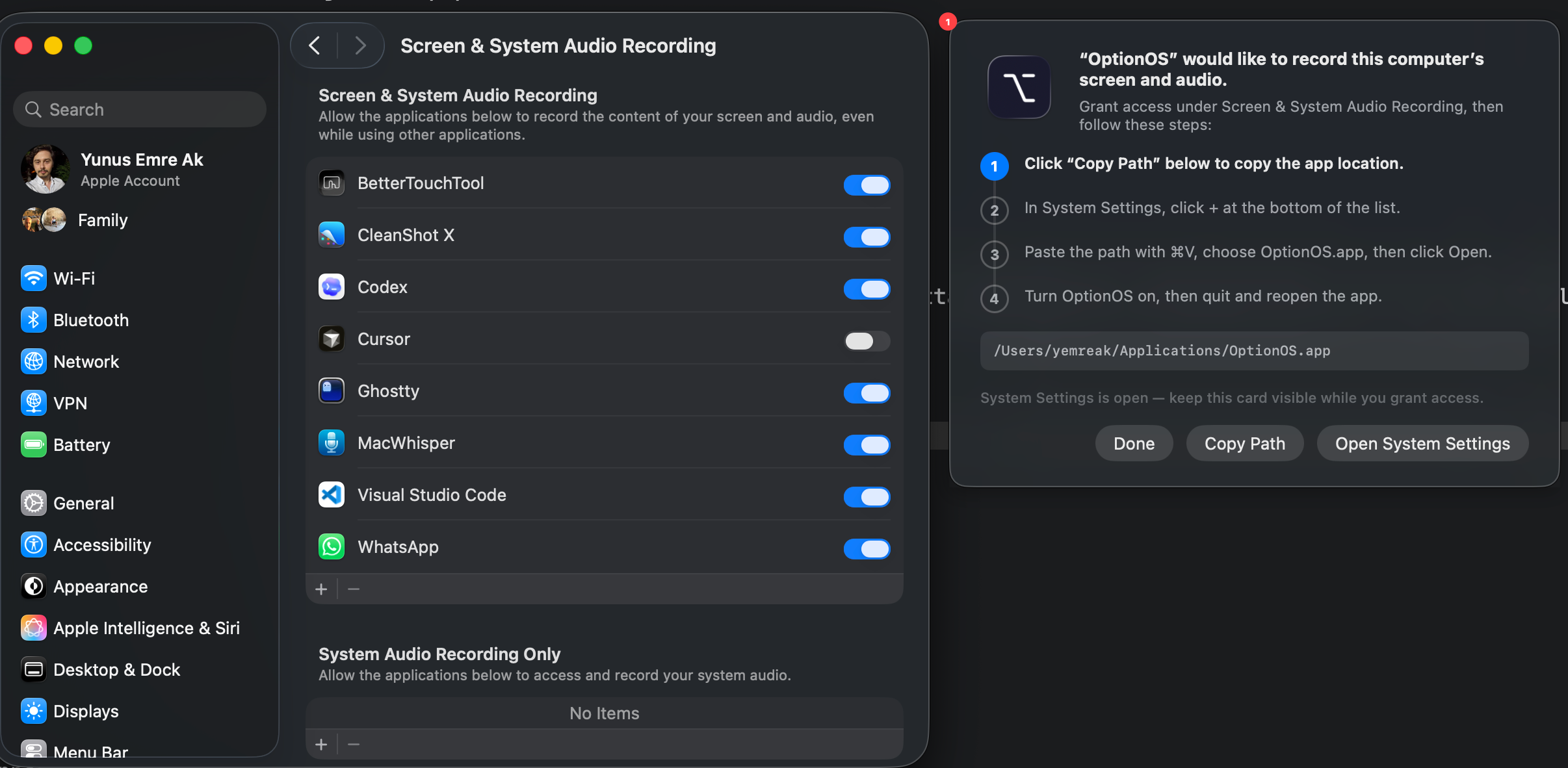 macOS Screen & System Audio Recording ayarı yanında optionOS izin rehberi kartı